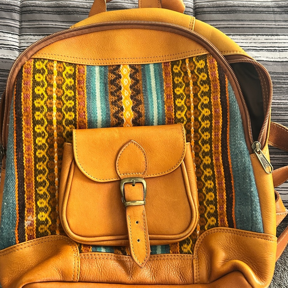 Mustard Leather & Woven Panel Women's Backpack